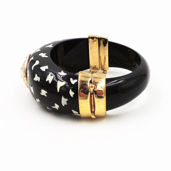 Vintage 1980s Italian Black Spotted Rhinestone Cuff Bracelet - Picture 10 of 11